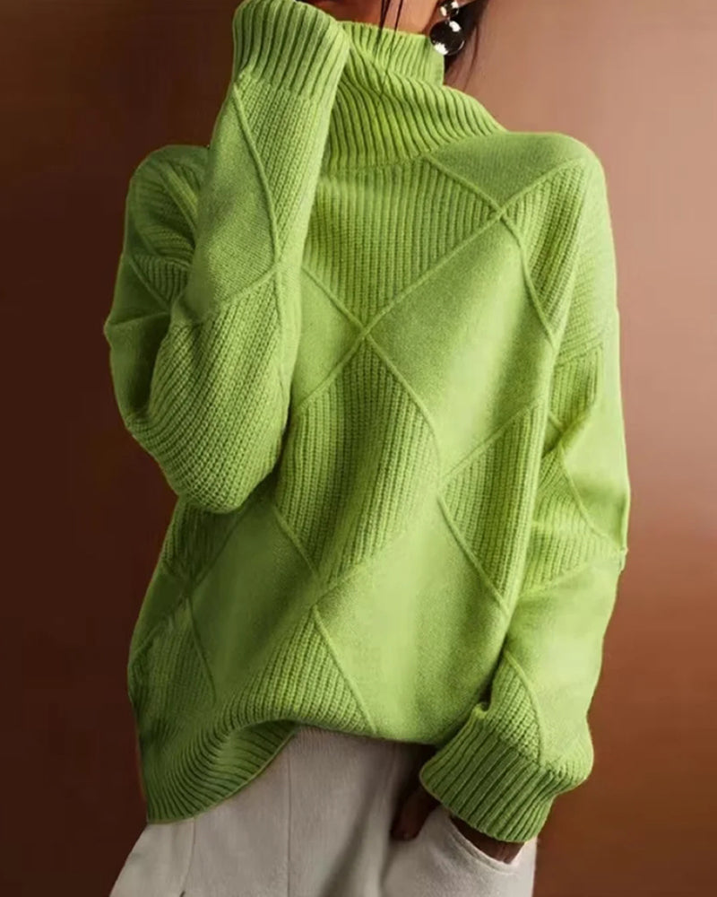 Simple solid color diamond pattern elegant turtleneck sweater