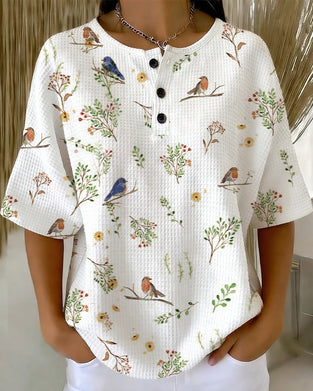 Round Neck Button Waffle T-Shirt