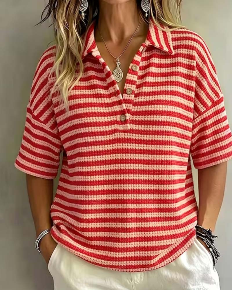 Polo Collar Striped Button-Front Blouse