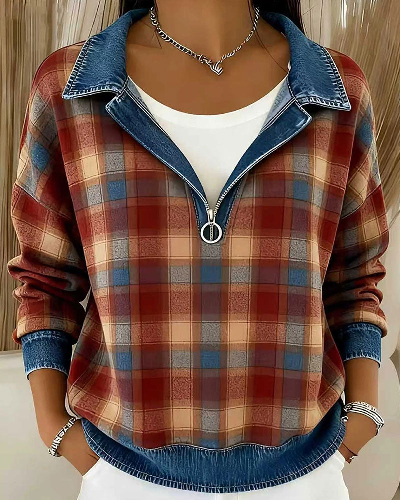Denim Lapel Plaid Half-Zip Top