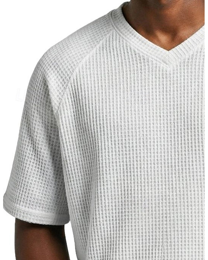 Men's Waffle V-Neck Tee, Solid Color Casual Short Sleeve Top