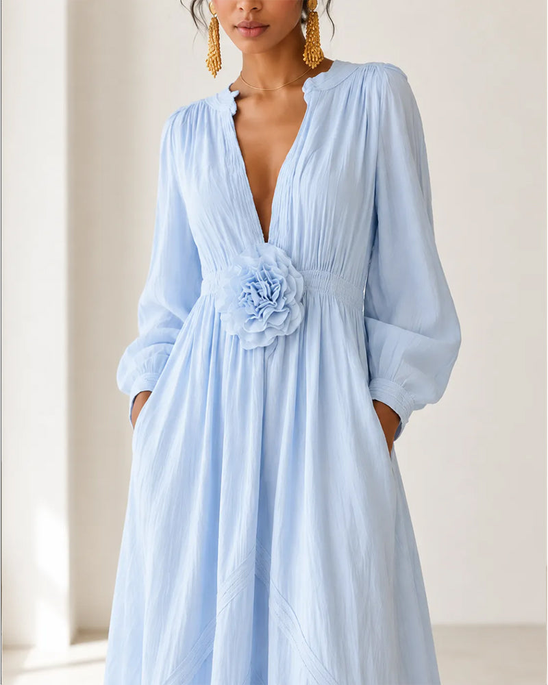 V-Neck 3D Floral Solid Full Skirt Dress
