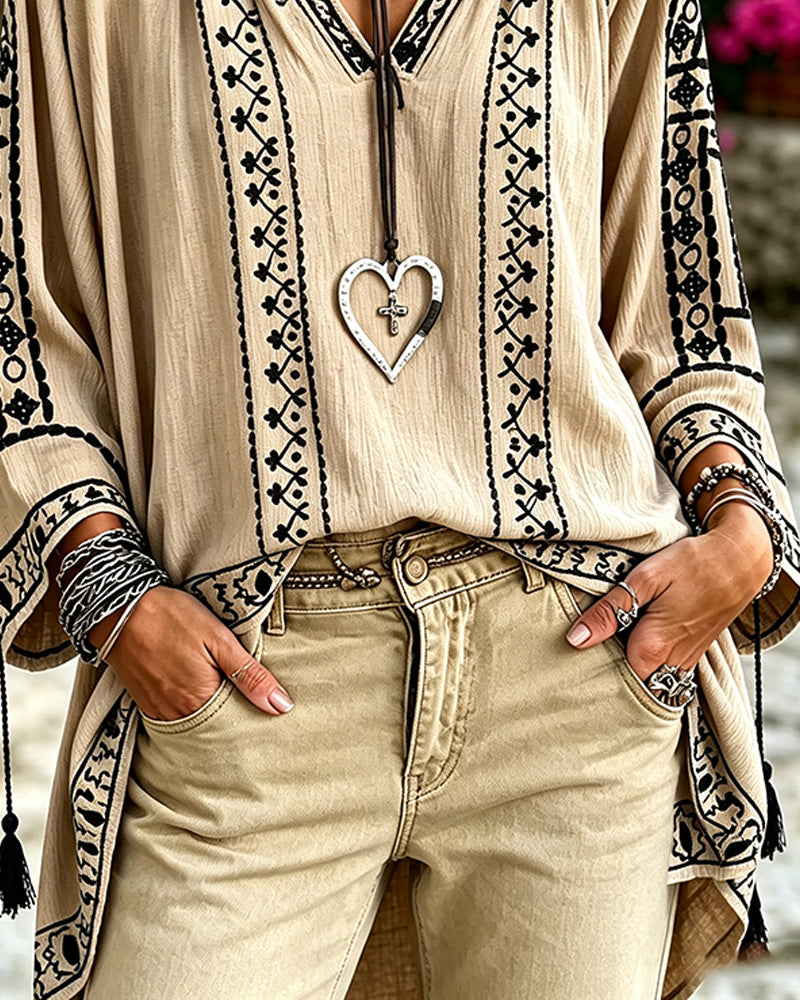 V-Neck Ethnic Mid-Length Sleeve Relaxed Blouse