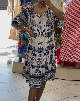 Round Neck Printed Trumpet Short Sleeve Dress