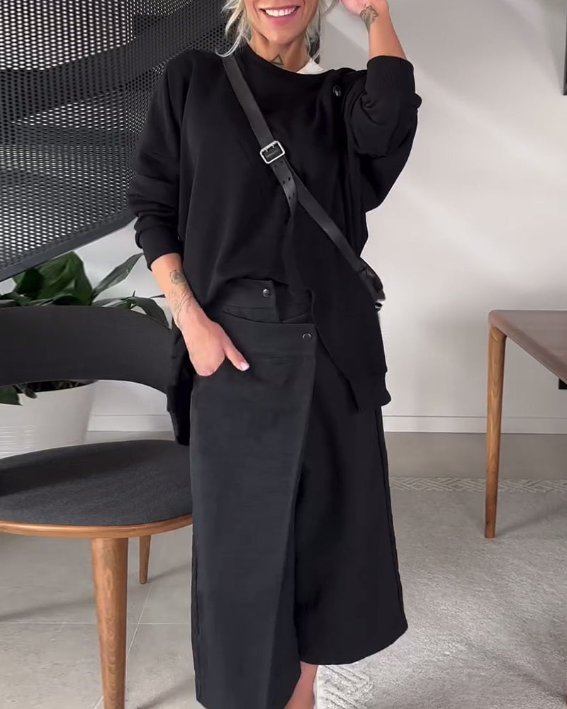 Solid color casual round neck slit sweatshirt