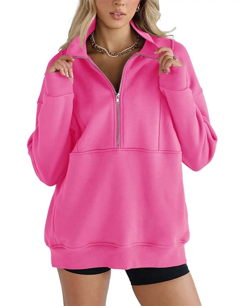 Solid Color Lapel Zipper Sweatshirt