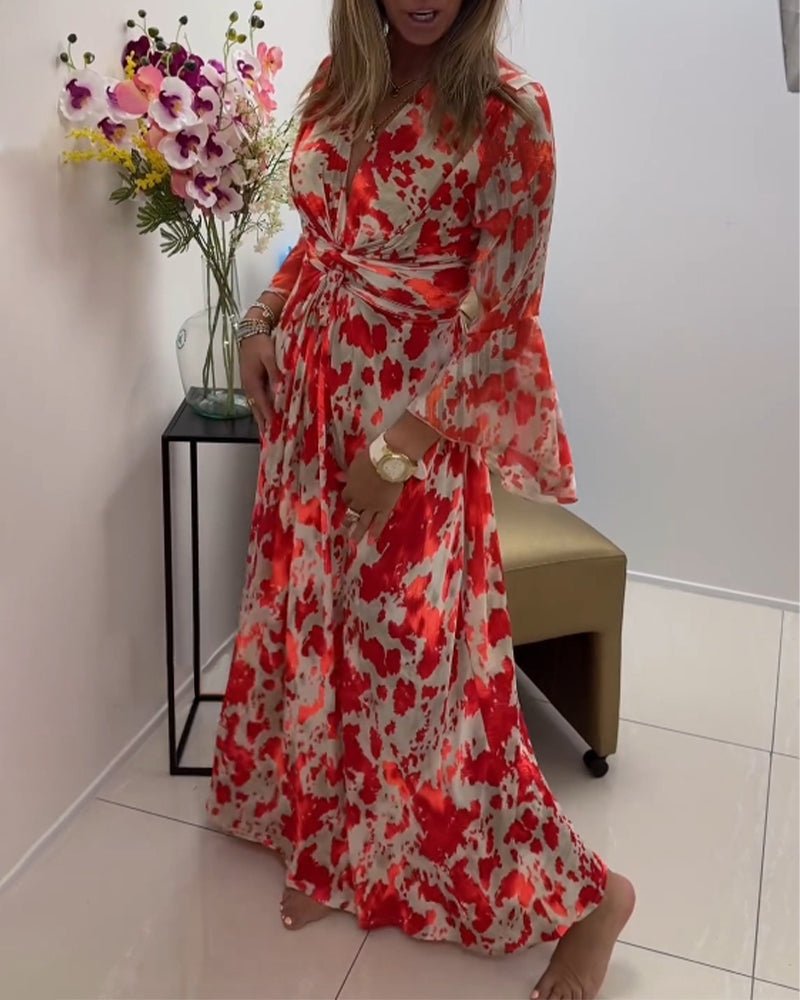 Fashionable printed deep V knitted bell sleeve dress