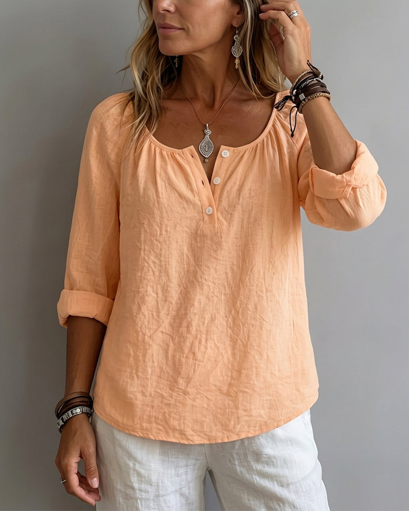 Solid-Color Half-Button Blouse