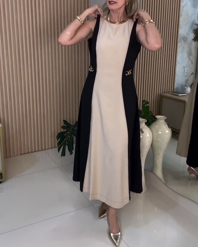 Sleeveless Contrast Color Elegant Waist Dress