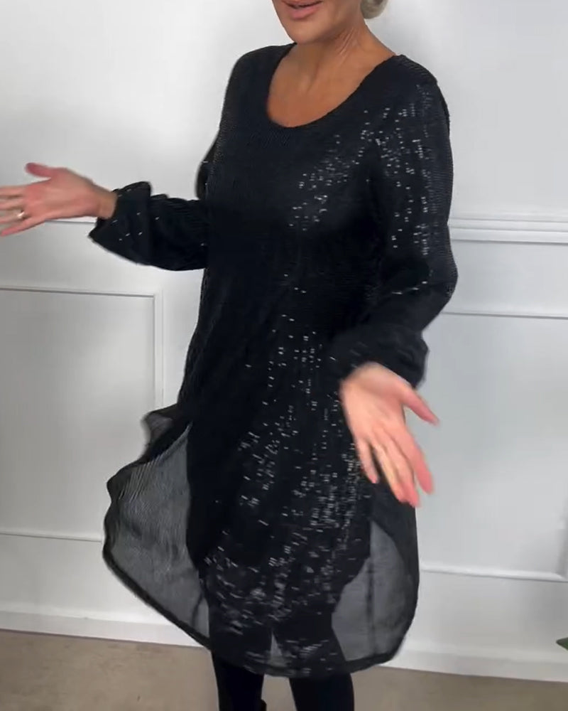 Elegant lantern sleeve sequined a-line dress