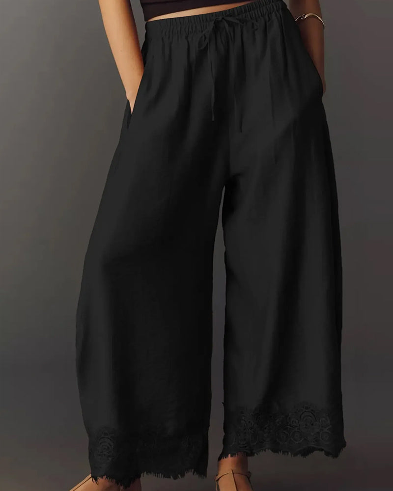 Elastic Waist Lace-Panel Casual Pants