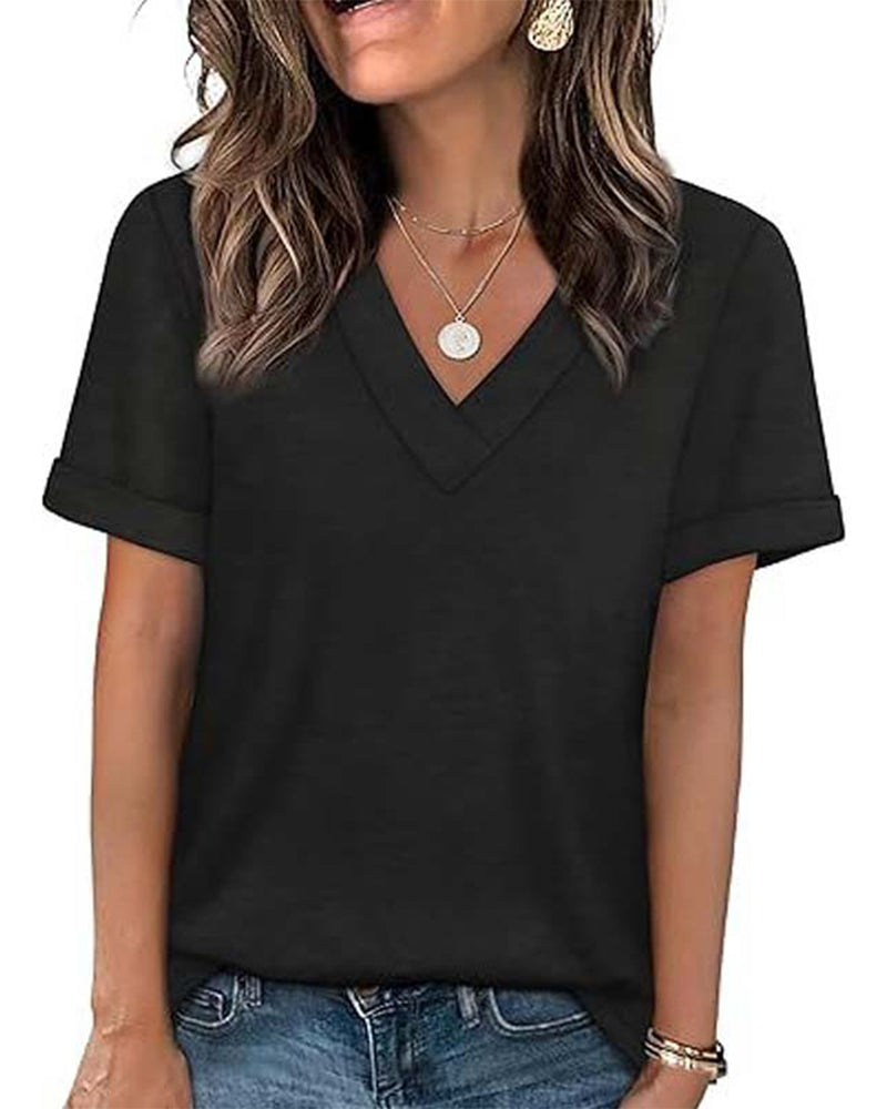 Solid V-Neck Casual Short Sleeve T-Shirt