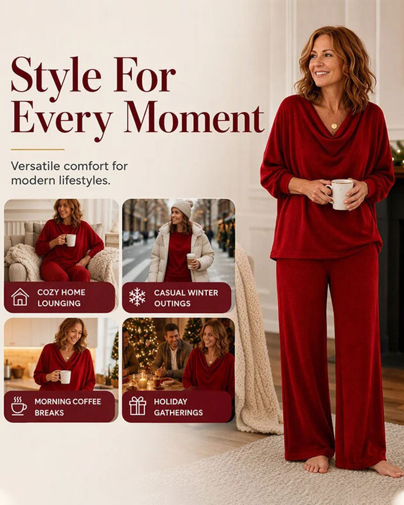 Draped Mock Neck Solid Casual Set
