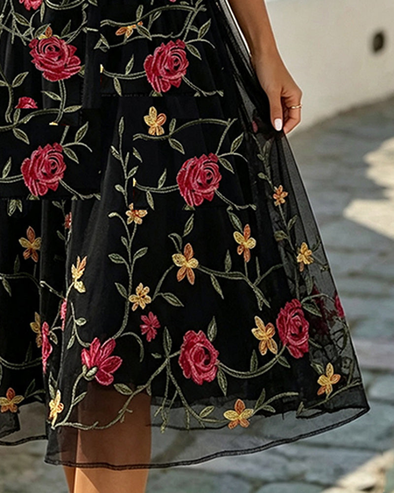 Floral-Print Crew Neck Sheer A-Line Dress