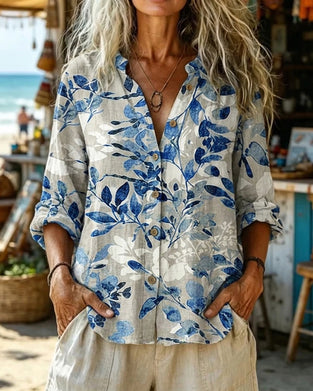 Stand-Collar Ink Painting Floral Blouse