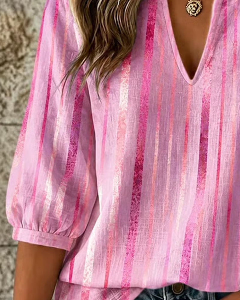 Vertical Stripe Small V-Neck Blouse