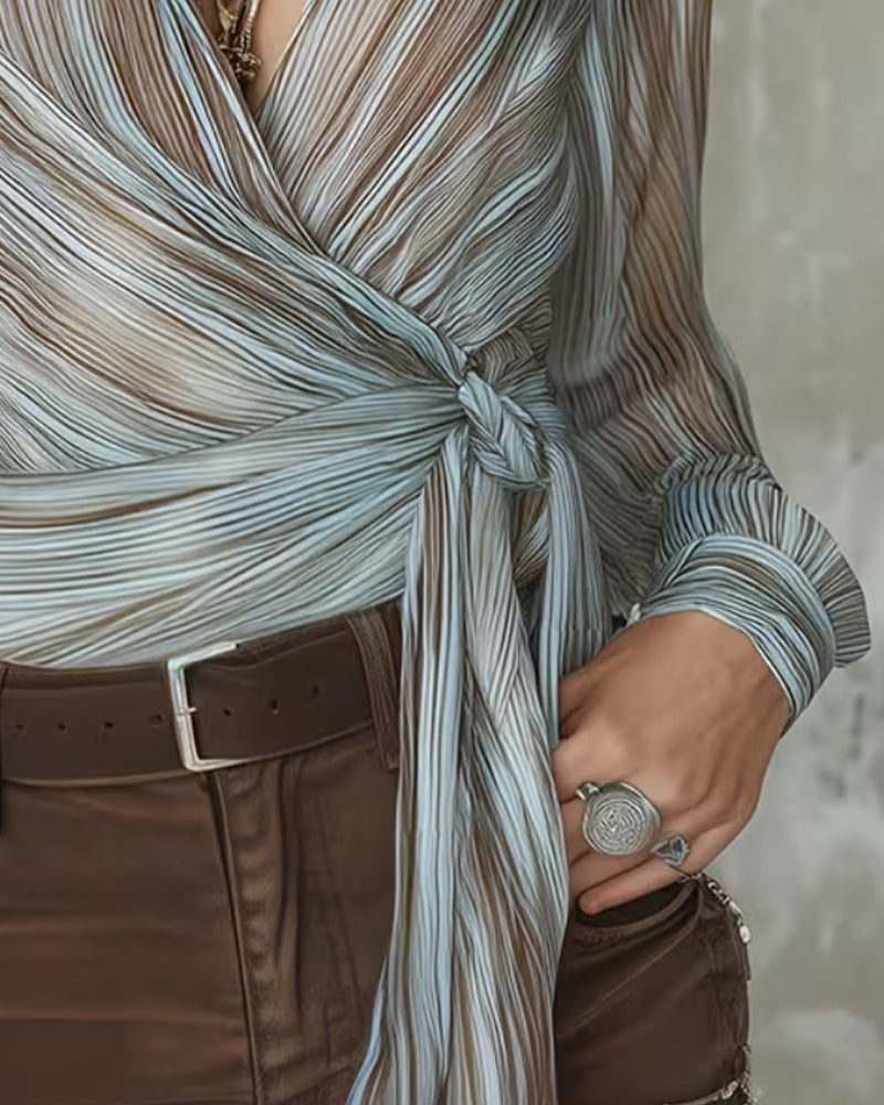 Lapel Stripe Twist Knot Blouse