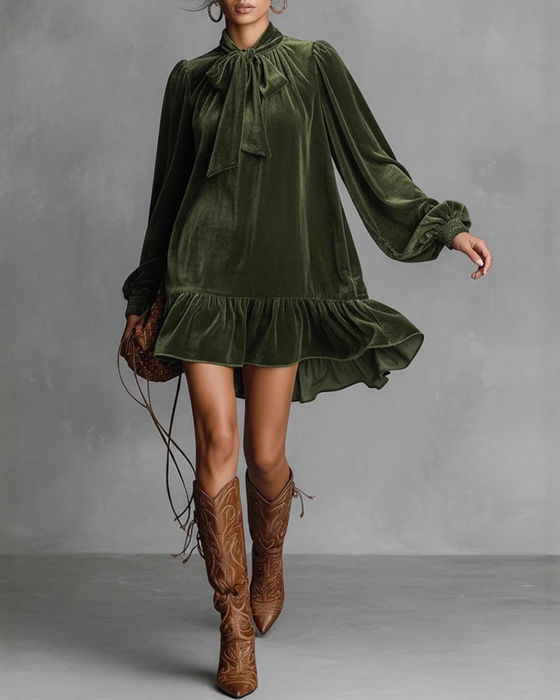 Tie Bubble Sleeve Ruffle Dress