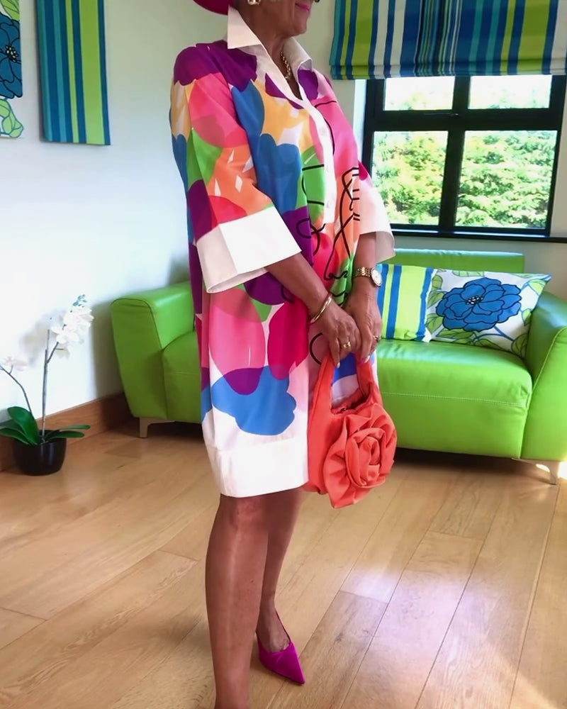 Lapel color portrait print dress