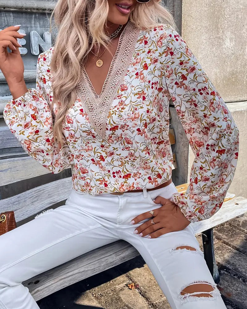 Casual V-Neck Printed Long-Sleeved T-Shirt