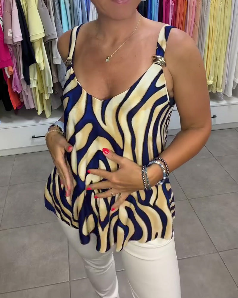 V-Neck Strappy Zebra Print Metal Button Blouse