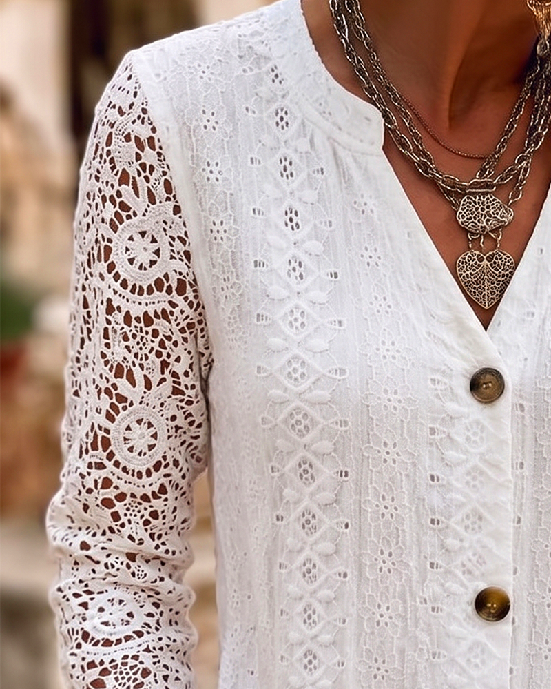 V-Neck Lace Button Solid Blouse