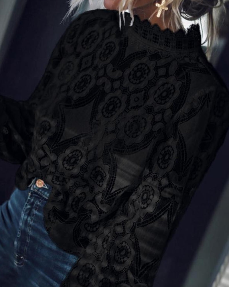 Sexy See-Through Long-Sleeved Stand-Collar Lace Blouse