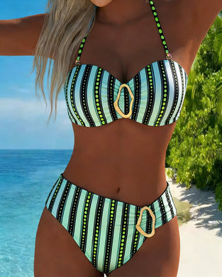 Metal Buckle High Waist Split Printed Bikini