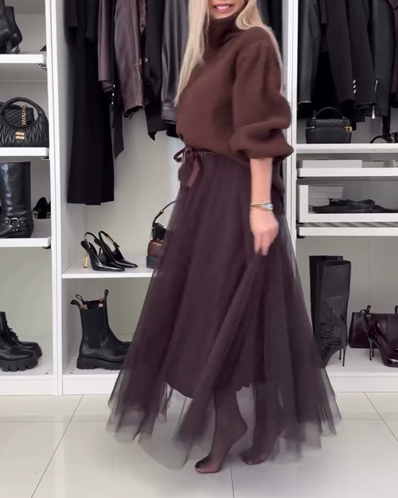 Casual solid color mesh lace-up pleated skirt