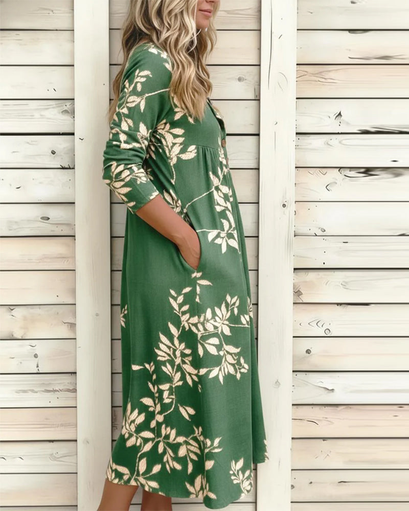 Botanical Print Button Shirred Dress