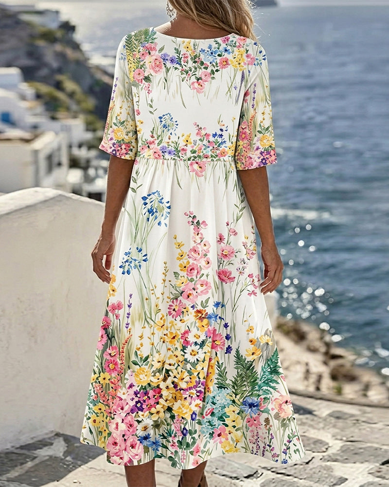 Round Neck Watercolor Floral Dress