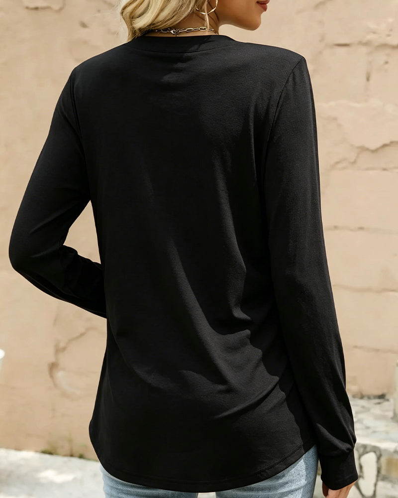 V-Neck Button Long Sleeve Solid Top