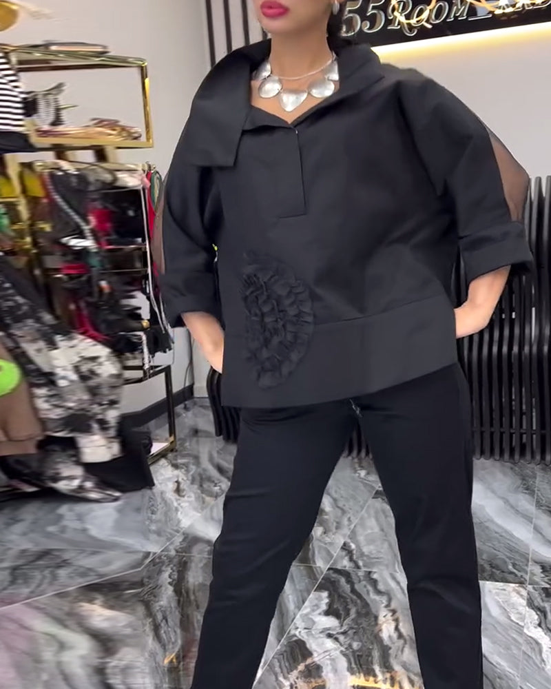 Lapel lace stitching flower blouse