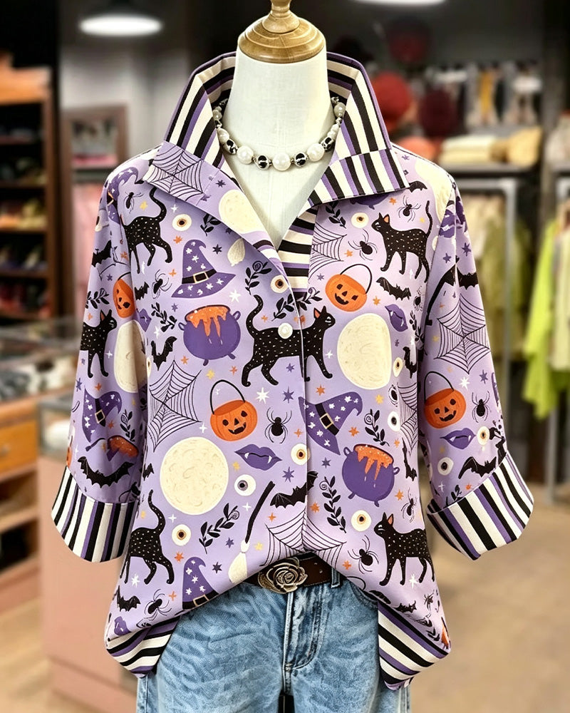 Lapel Button Stripe Halloween Blouse