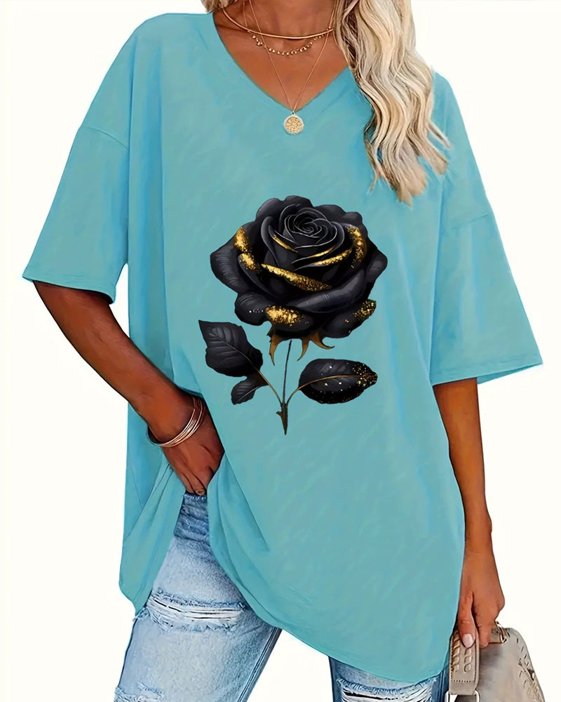 Rose Print Loose Fit Half Sleeve T-Shirt