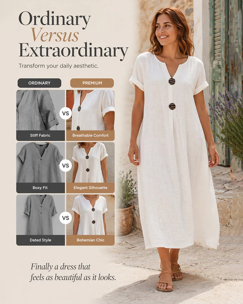 V-Neck Short-Sleeved Button-Up Shift Dress