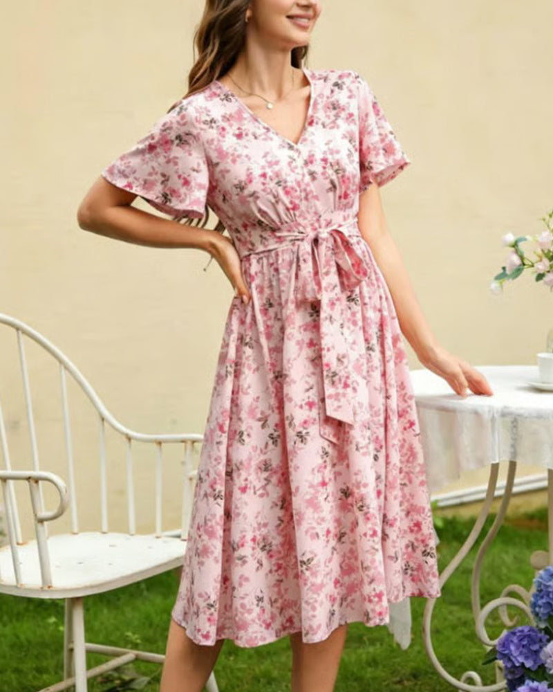 V-Neck Floral A-Line Dress
