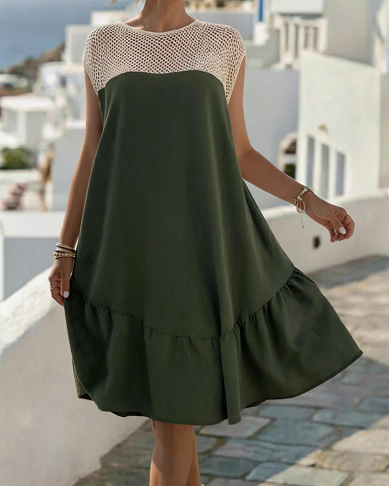 Crew Neck Mesh Ruffled Patchwork Dress