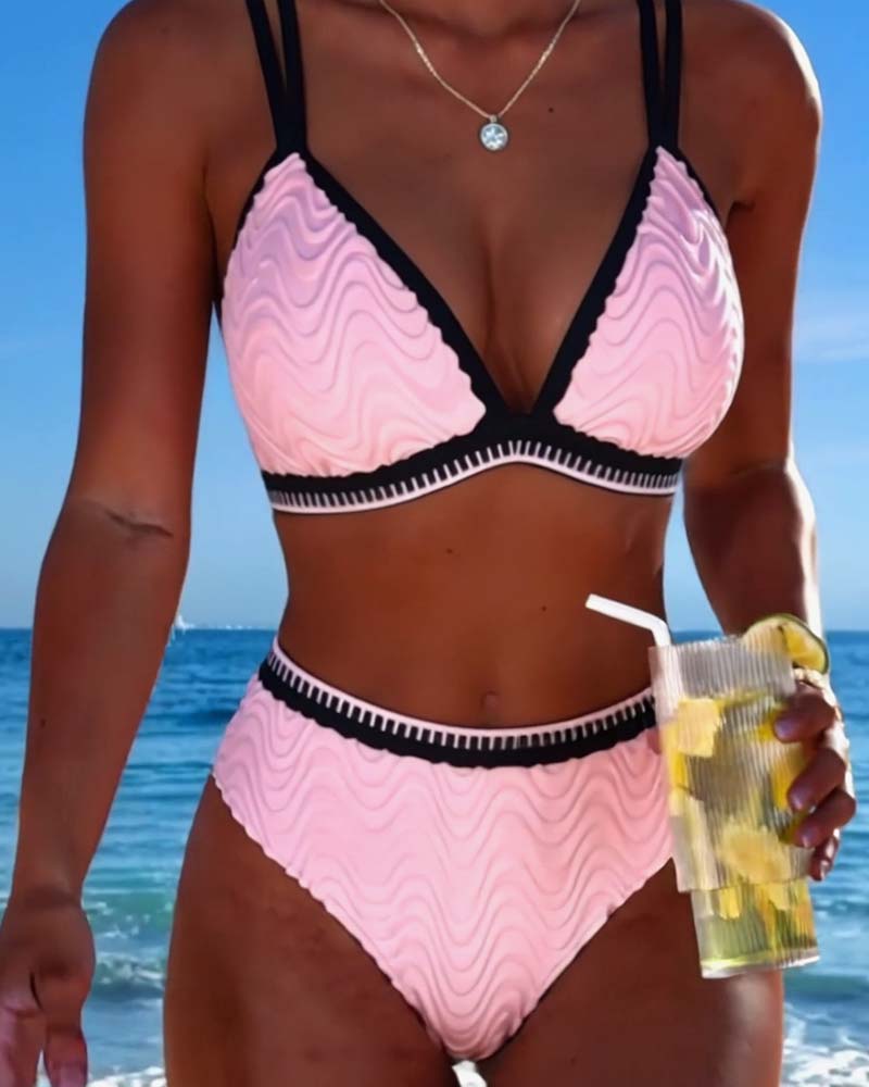 Color Block Double Strap Textured Bikini