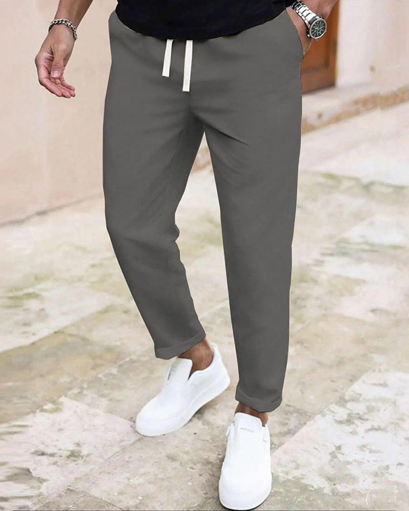 Men's Solid Drawstring Slim Fit Cropped Pant