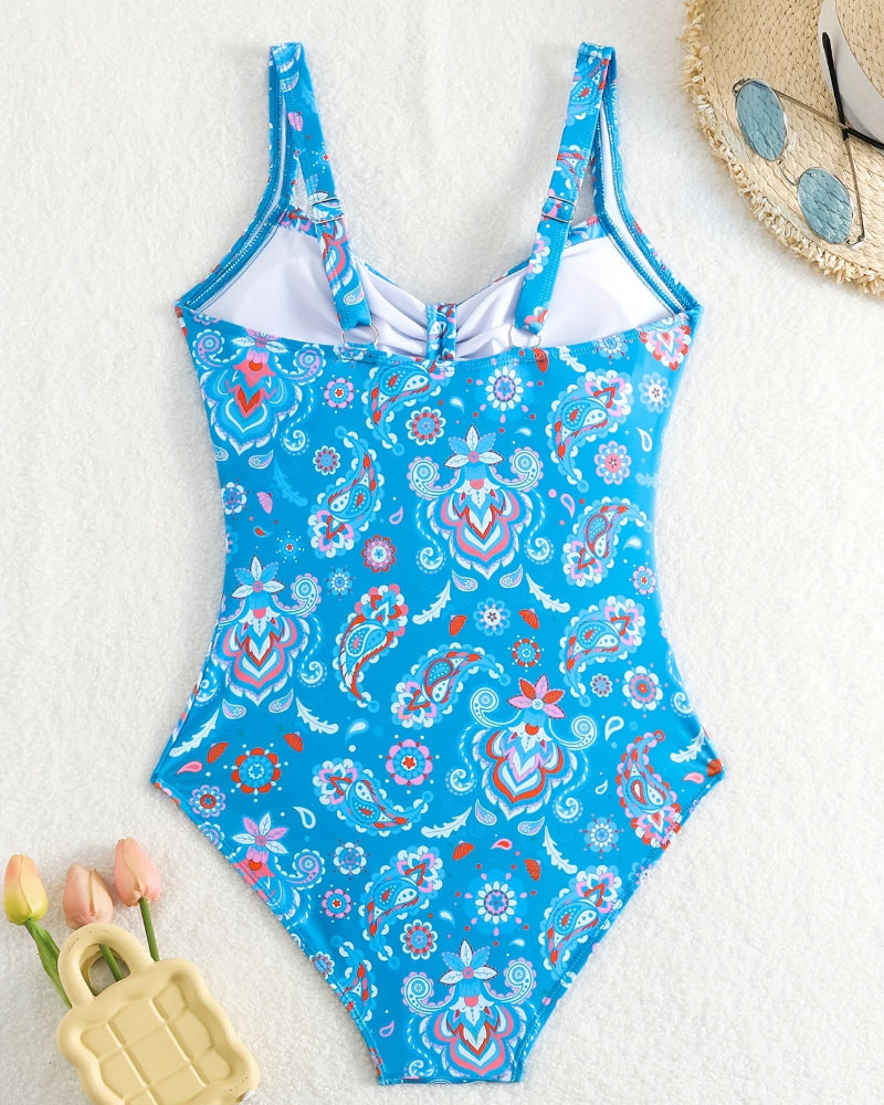 Vest Pleated Floral One-Piece Swimsuit