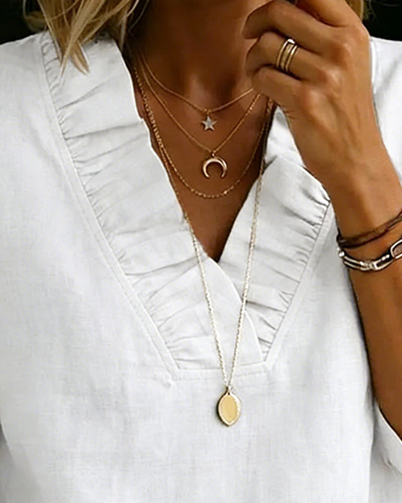 100% Cotton Ruffle V-Neck Three-Quarter Sleeve Blouse