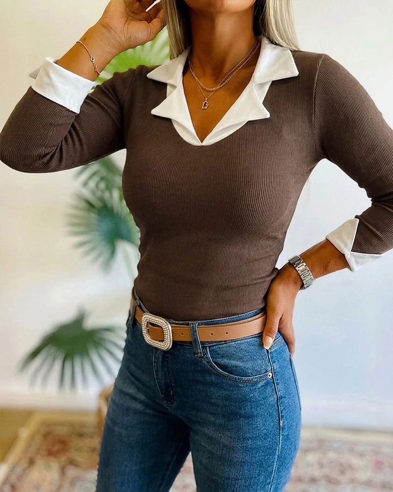 Fake Two Piece Lapel Long Sleeve Top