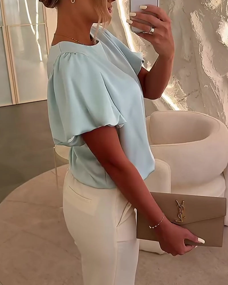 Satin Short-Sleeve Drape Blouses
