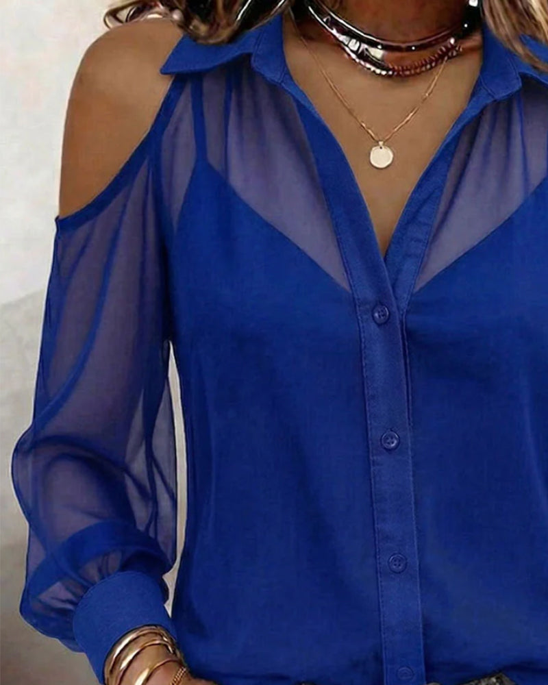 Lapel Off Shoulder Sheer Shirt Camisole Two Piece Set