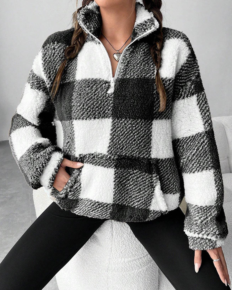 Half-Zip Stand Collar Plaid Sweatshirt
