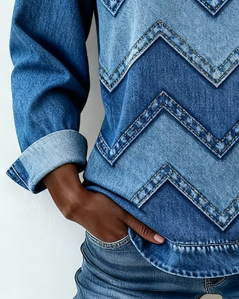 Denim Print Casual Long-Sleeve Sweatshirt