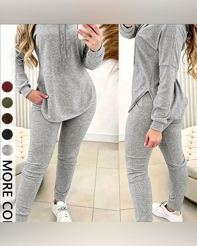 Hooded Curved Hem Casual Two-Piece Sets