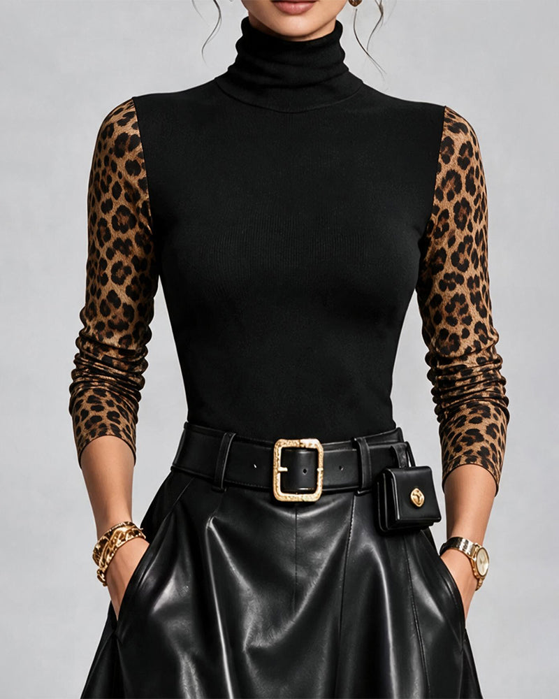 Leopard Print Spliced High-Neck Slim-Fit Top