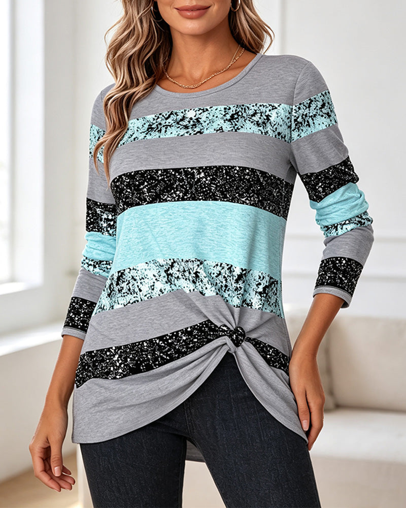 Crew-Neck Stripe Colorblock Long-Sleeve Top